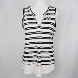 SANCTUARY Striped Linen Tank Top Shirt Chiffon Trim Sleeveless Split Neck Small